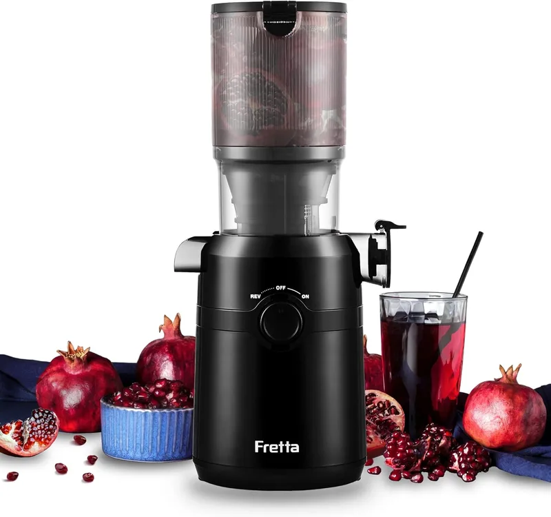 Fretta ▫️ Extrator de sumos e legumes abertura 108MM e capacidade 1L, espremedor a frio para legumes e frutas inteiras, máquina de sumo lento 200W, fácil montagem e limpeza, sem BPA (preto)