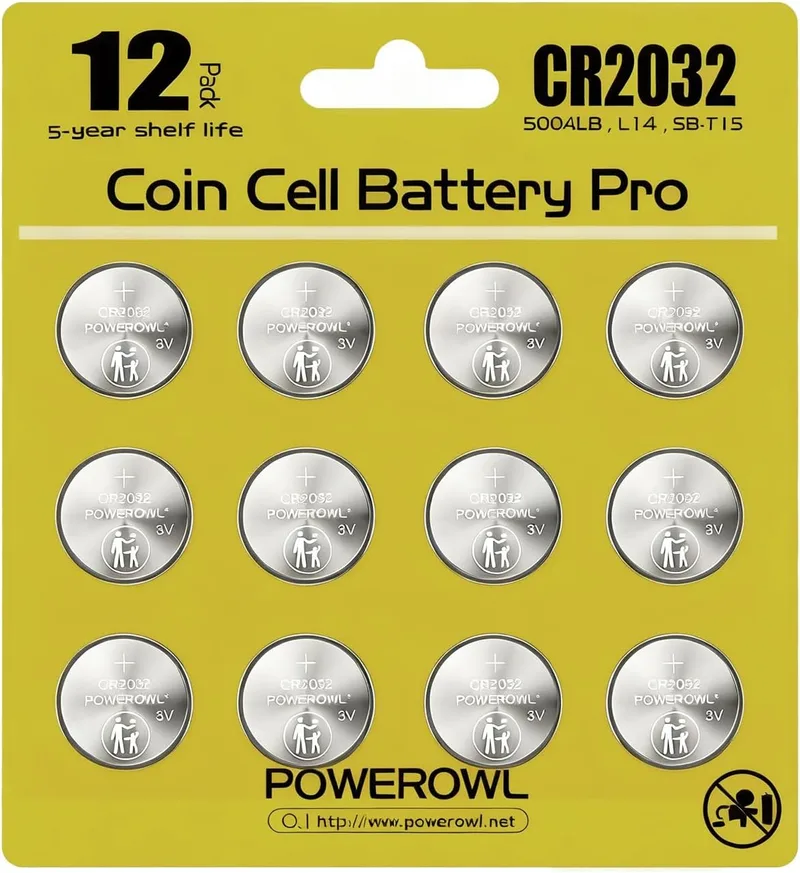 POWEROWL ▫️ CR2032, Pilhas de botão de lítio CR2032 de 3 V para chaves de carro, comandos remotos, relógios, relógios de pulso e GPS, embalagem de 12 unidades