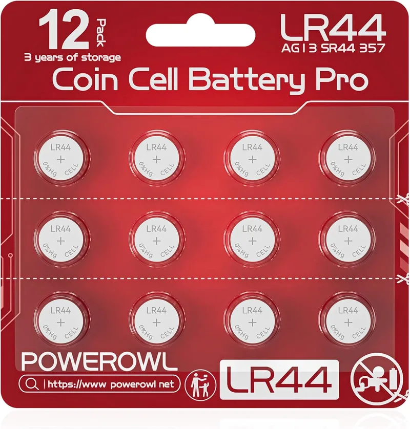 POWEROWL ▫️ Pilhas de botão LR44 alcalinas de 1,5 V, embalagem de 12 unidades, compatíveis com AG13, A76 e 357