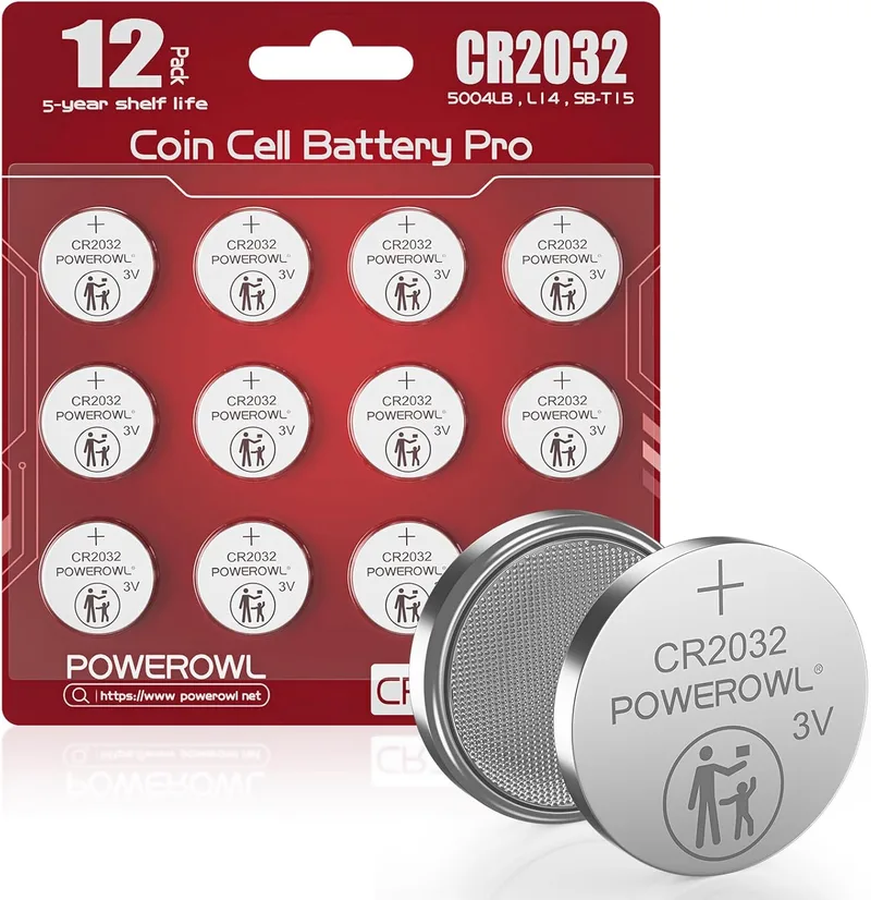 POWEROWL ▫️ CR2032 3V Pilhas de lítio de botão, embalagem de 12, pilhas 2032 de longa duração para chaves de carro, controlos de dispositivos electrónicos, embalagem de segurança para crianças - vermelho