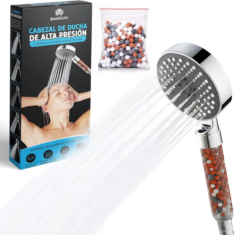 Bamajo ▫️ Chuveiro com filtro de 15 etapas – Filtro anticalcário para chuveiro com mangueira de 1,5 m – Cabeça de chuveiro de alta pressão com 3+1 modos que poupa água – 4 filtros anticalcários para chuveiro (prata)