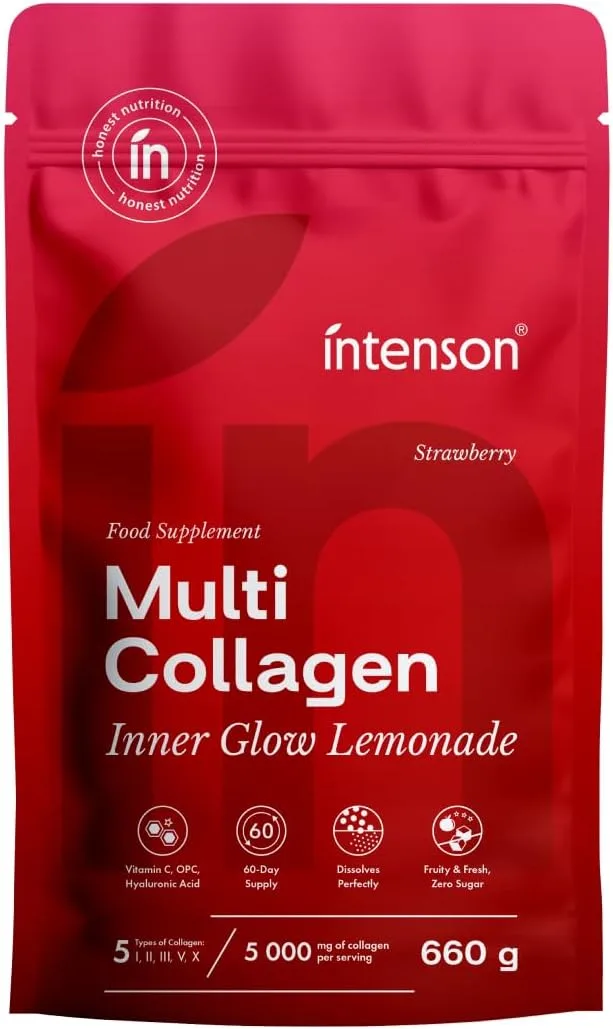 Intenson ▫️ Multi Collagen Inner Glow Limonada, Morango, 660 g, 5 tipos de colagénio, ácido hialurónico, vitaminas C e A, sem açúcar, 60 doses