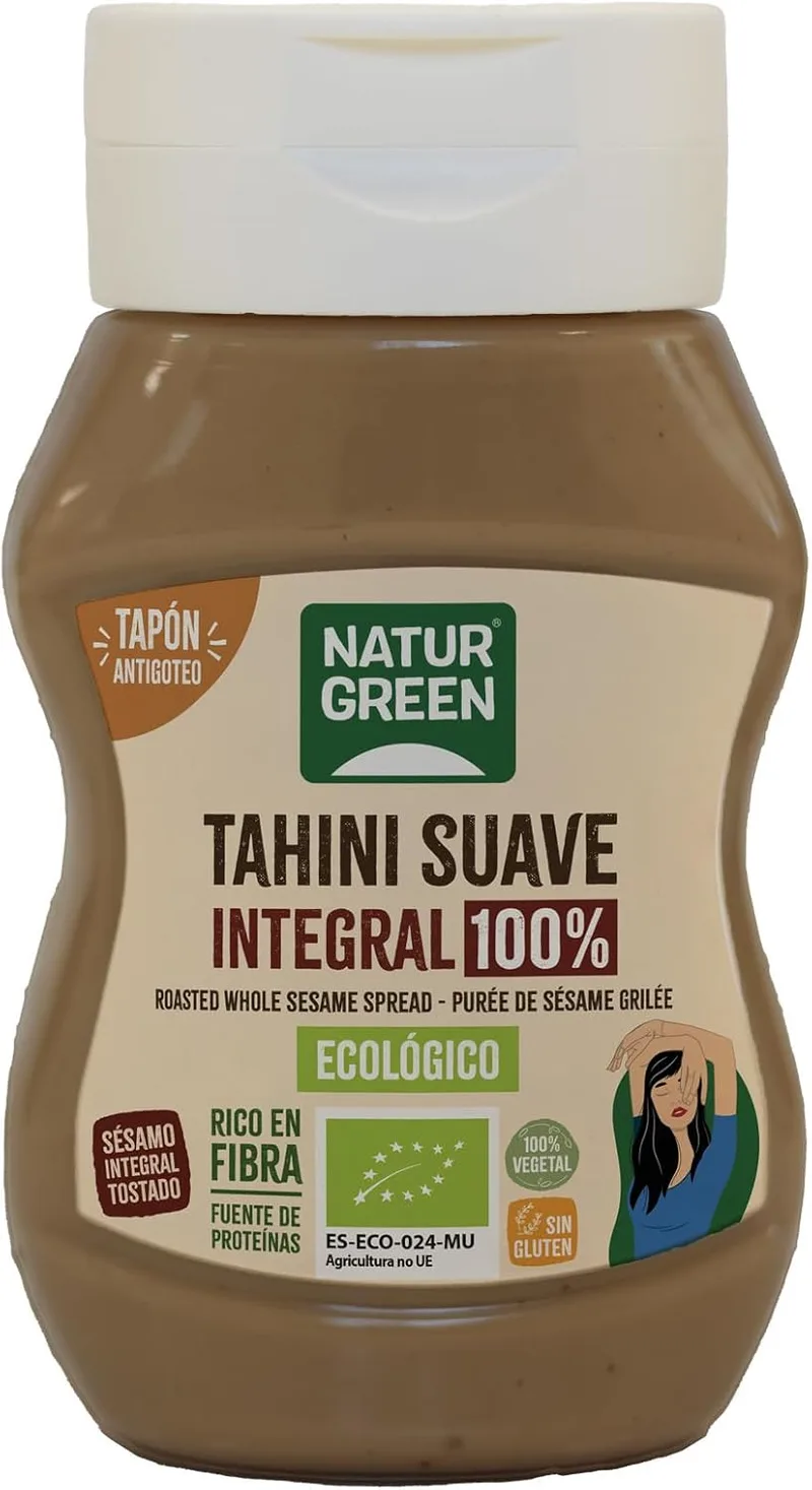 NaturGreen ▫️ Tahini suave de farinha integral biológica, 270 g, tampa anti-gotas, puré de sésamo 100% biológico, textura cremosa, rico em fibras, sem glúten e sem açúcar, fonte de proteínas, receitas saudáveis