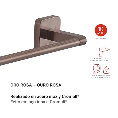 Gedy ▫️ Tonga Toalheiro de Casa de Banho com Barra de Parede, 45 cm, em aço inoxidável e Cromall PVD em ouro rosa, suporte para toalhas com parafusos e adesivo dupla-face, capacidade de 7 kg 2