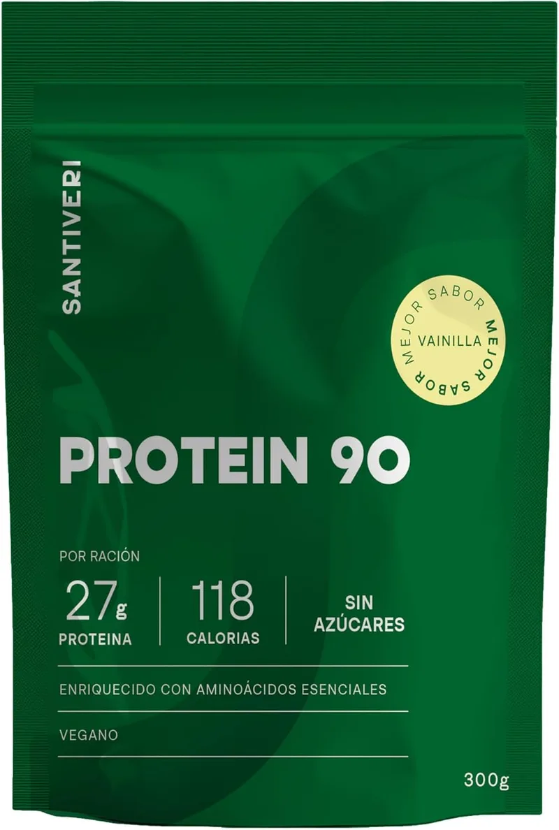 SANTIVERI ▫️ Proteína-90 em pó instantânea, 100% proteína vegetal, 27 gramas por dose, enriquecida com aminoácidos essenciais e 13 vitaminas, sem glúten, lactose e açúcar, sabor a baunilha - 300g