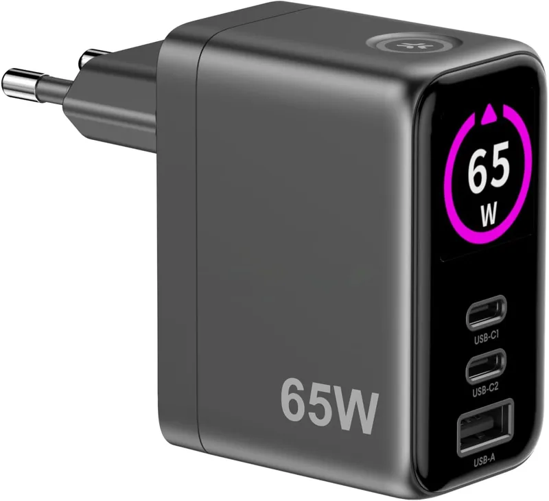 Celly ▫️ Carregador GAN de 65 W com ecrã tátil LED, 2 portas USB-C + USB-A, carregamento rápido, compacto para viagem