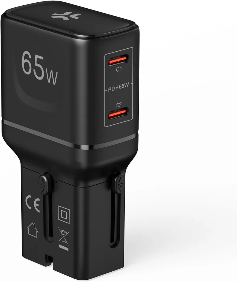 Celly ▫️ Adaptador de viagem universal de 65 W com USB-C duplo, compatível em mais de 150 países