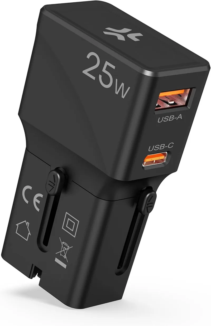 Celly ▫️ Adaptador de viagem universal de 25 W com USB-C e USB-A, compatível em mais de 150 países