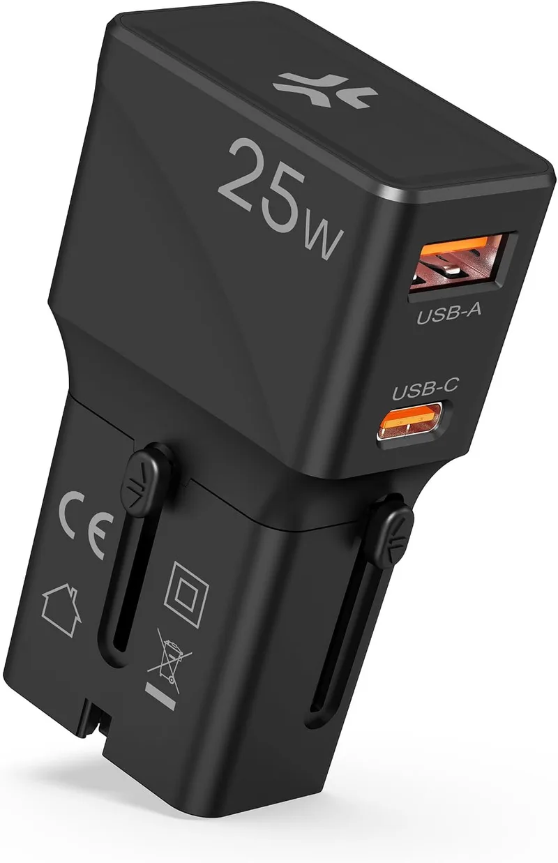 Celly ▫️ Adaptador de viagem universal de 25 W com USB-C e USB-A, compatível em mais de 150 países