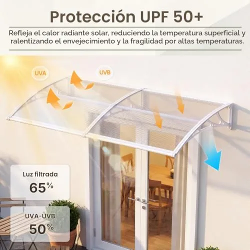 DAWNINGHOMM ▫️ Cobertura para porta exterior 100 x 300 cm – Cobertura exterior em policarbonato com suportes em ABS, proteção contra chuva, neve e raios UV para portas, janelas e terraços 3