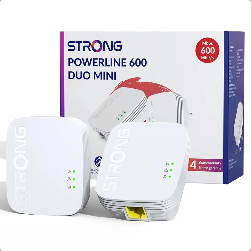 Strong ▫️ Conjunto de adaptadores Powerline AV600, PLC HomePlug AV2, Plug & Play, modo de poupança de energia, alcance de 300 m, portas LAN de 100 Mbit/s, segurança com um botão, Internet Powerline (PL600M)