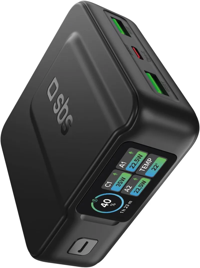 SBS ▫️ Pulse Power HD 35 W, 10 000 mAh, Power Delivery (PD 3.0 PPS), AFC, Power Bank com carregamento rápido, alta densidade, ecrã LCD com IA, USB-C, USB-A, carregador portátil de viagem, compacto, preto