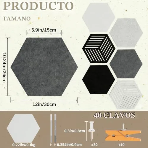 Uoisaiko ▫️ Quadro de feltro hexagonal autoadesivo, 8 peças, 30 x 26 cm, espessura 0,9 cm, quadro decorativo de parede com 30 pinos, alternativa criativa à cortiça para casa e escritório 2