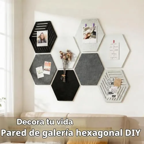 Uoisaiko ▫️ Quadro de feltro hexagonal autoadesivo, 8 peças, 30 x 26 cm, espessura 0,9 cm, quadro decorativo de parede com 30 pinos, alternativa criativa à cortiça para casa e escritório 3