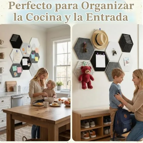 Uoisaiko ▫️ Quadro de feltro hexagonal autoadesivo, 8 peças, 30 x 26 cm, espessura 0,9 cm, quadro decorativo de parede com 30 pinos, alternativa criativa à cortiça para casa e escritório 5