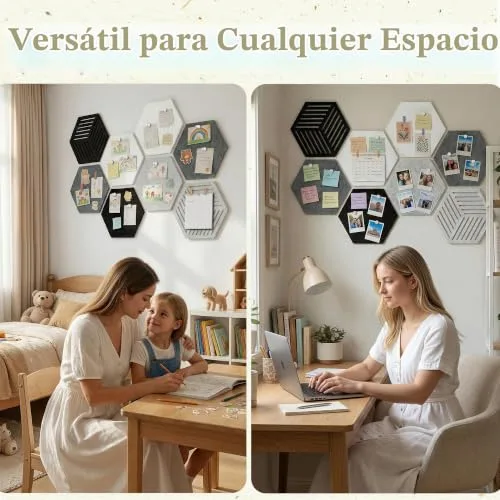 Uoisaiko ▫️ Quadro de feltro hexagonal autoadesivo, 8 peças, 30 x 26 cm, espessura 0,9 cm, quadro decorativo de parede com 30 pinos, alternativa criativa à cortiça para casa e escritório 6