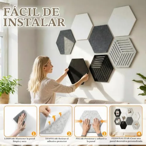 Uoisaiko ▫️ Quadro de feltro hexagonal autoadesivo, 8 peças, 30 x 26 cm, espessura 0,9 cm, quadro decorativo de parede com 30 pinos, alternativa criativa à cortiça para casa e escritório 7