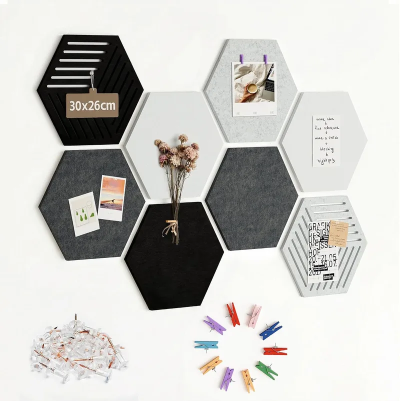 Uoisaiko ▫️ Quadro de feltro hexagonal autoadesivo, 8 peças, 30 x 26 cm, espessura 0,9 cm, quadro decorativo de parede com 30 pinos, alternativa criativa à cortiça para casa e escritório