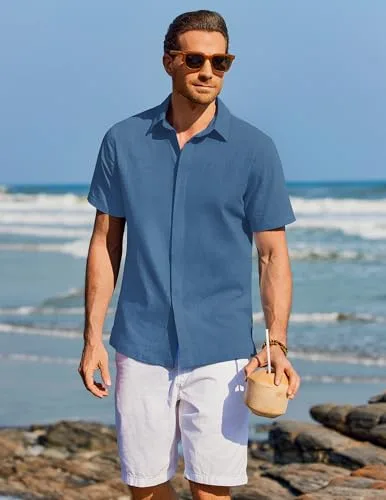 COOFANDY ▫️ Camisa de manga curta de verão para homem, 100% algodão. Camisas casuais para homem, corte regular 2