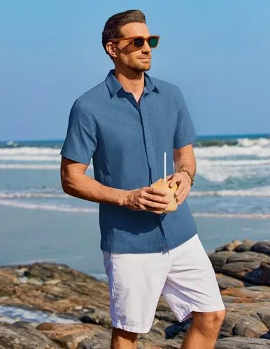 COOFANDY ▫️ Camisa de manga curta de verão para homem, 100% algodão. Camisas casuais para homem, corte regular 3