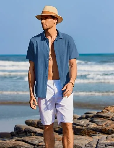COOFANDY ▫️ Camisa de manga curta de verão para homem, 100% algodão. Camisas casuais para homem, corte regular 4