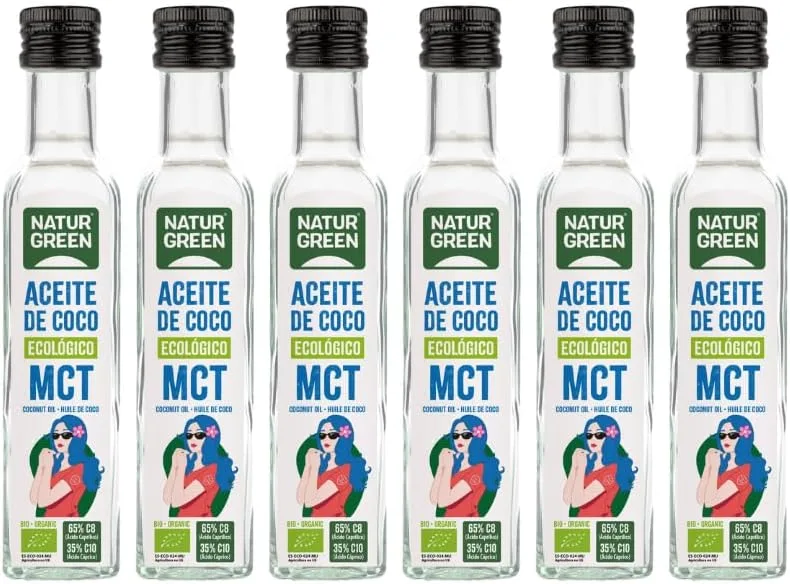 NaturGreen ▫️ Óleo de coco orgânico MCT, embalagem de 6 x 250 ml, 100% orgânico, energia rápida, adequado para consumo direto, sem glúten, sem adição de açúcares, ideal para dietas Keto, Paleo e Smoothies