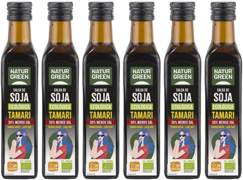 NaturGreen ▫️ Molho de Soja Tamari Biológico, Embalagem 6 x 250 ml, Teor de Sal Reduzido, Sabor Suave e Exótico, Biológico, Vegan, Sem Lacticínios, Ideal para Cozinha Asiática