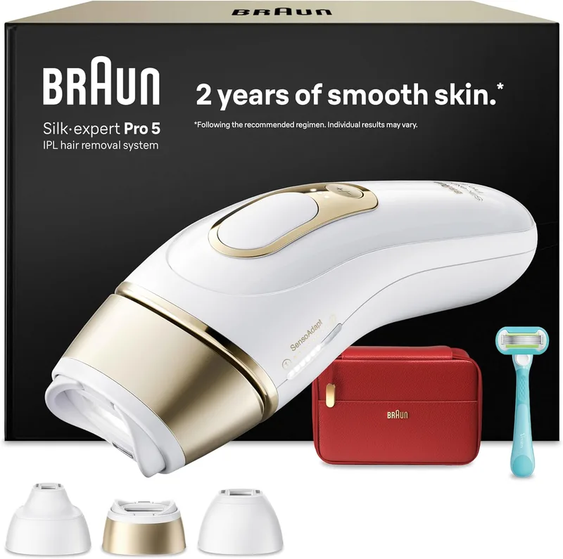 Braun ▫️ Pulsed Light Epilator Silk-expert Pro 5, IPL, depilação a laser doméstica para rosto e corpo, redução permanente de pêlos, depilador a laser com acessórios, inclui cabeça de precisão, PL5321