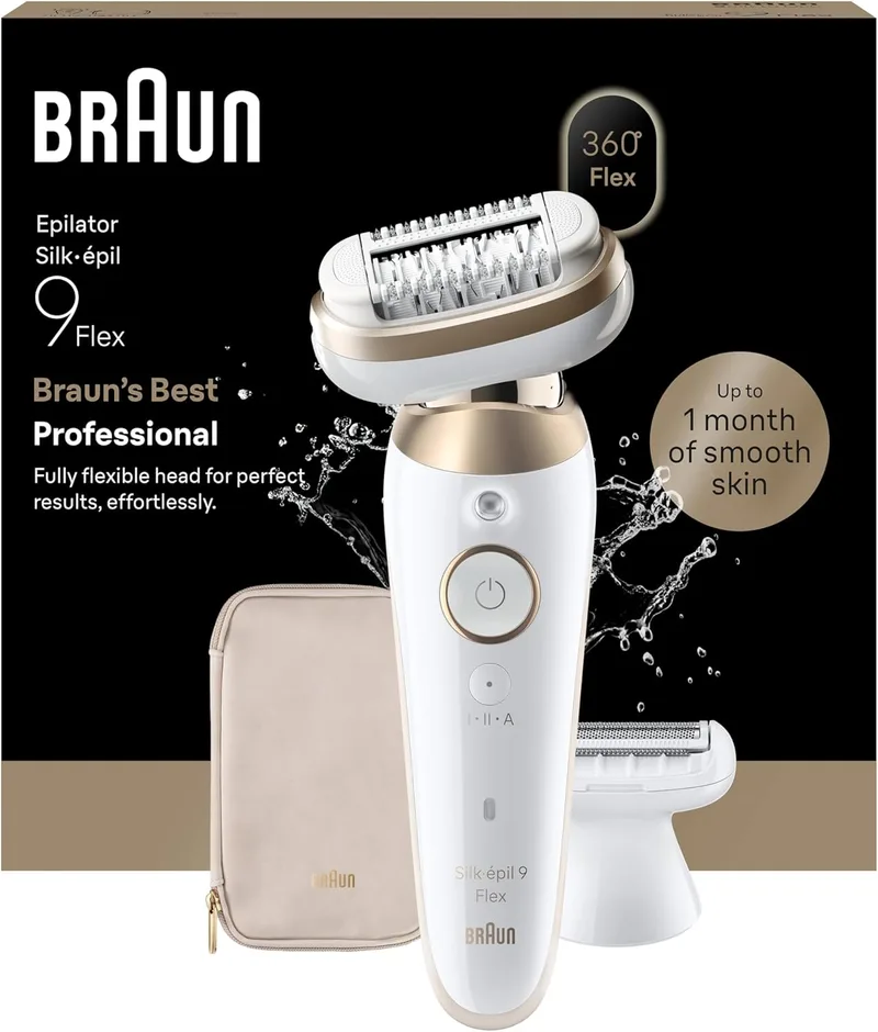 Braun ▫️ Silk-épil 9 Flex Lady Depiladora eléctrica com cabeça flexível, depila, barbeia e apara em húmido e seco, 2 cabeças, escova de limpeza e estojo, depilação suave de longa duração, 9-041 3D, dourado