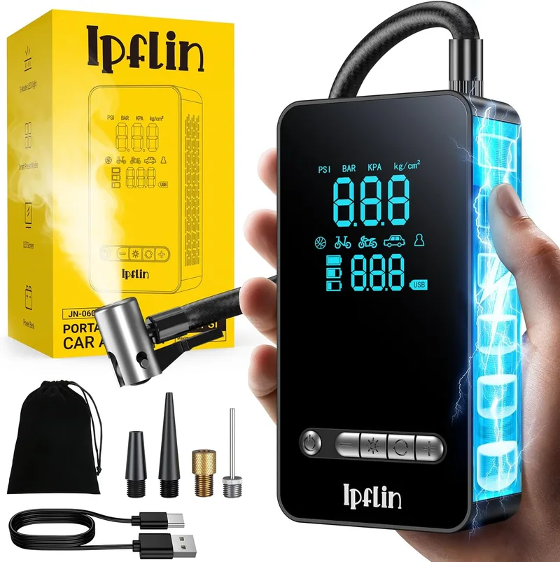 Ipflin ▫️ Compressor de ar portátil para insuflação de pneus de automóvel - insuflador de ar elétrico de 150 psi com função de paragem automática, insuflador de pneus de automóvel, insuflador de pneus de motocicleta e bicicleta, visor digital e luz LED, nova versão