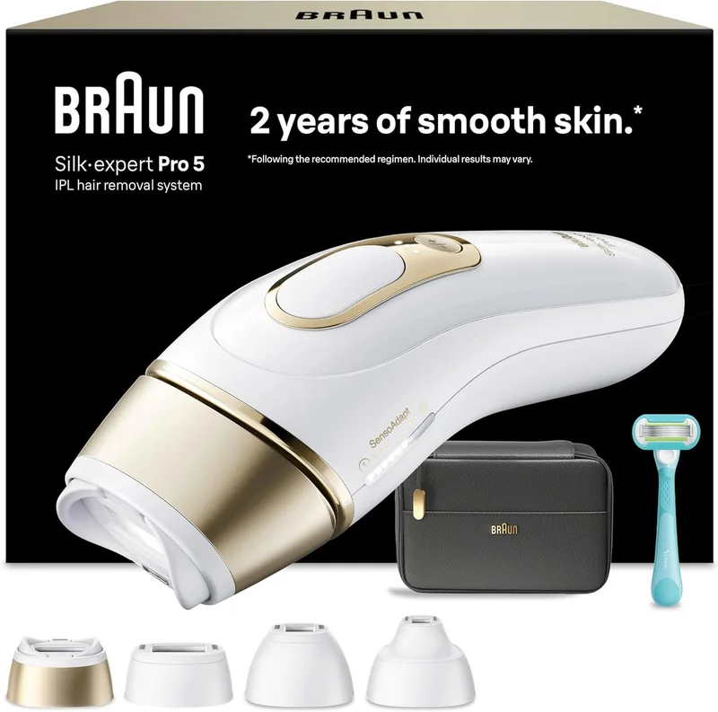 Braun ▫️ Pulsed Light Epilator Silk-expert Pro 5, IPL, depilação a laser doméstica para rosto e corpo, redução permanente dos pêlos, depilador a laser com 4 cabeças de depilação, estojo e lâmina de barbear Venus, PL5431