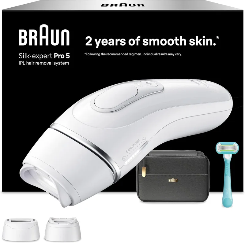Braun ▫️ Pulsed Light Epilator Silk-expert Pro 5, IPL, depilação a laser doméstica para rosto e corpo, redução permanente dos pêlos, depiladora a laser com 2 cabeças de depilação, estojo e lâmina de barbear Venus, PL5234