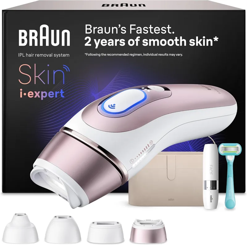 Braun ▫️ Pulsed Light Epilator Smart IPL Skin i-expert, depilação a laser doméstica para rosto e corpo, depilador a laser com 4 cabeças de depilação, bolsa de toucador, mini depiladora facial e máquina de barbear Venus, PL7442