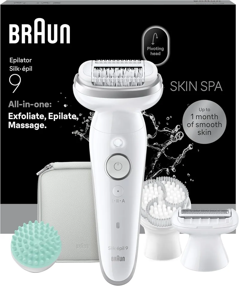Braun ▫️ Silk-épil 9 SkinSpa Depiladora eléctrica para mulher com escova esfoliante, almofada de massagem e pente para aparar, depilar, barbear e aparar, à prova de água, depilação suave de longa duração, 9-080