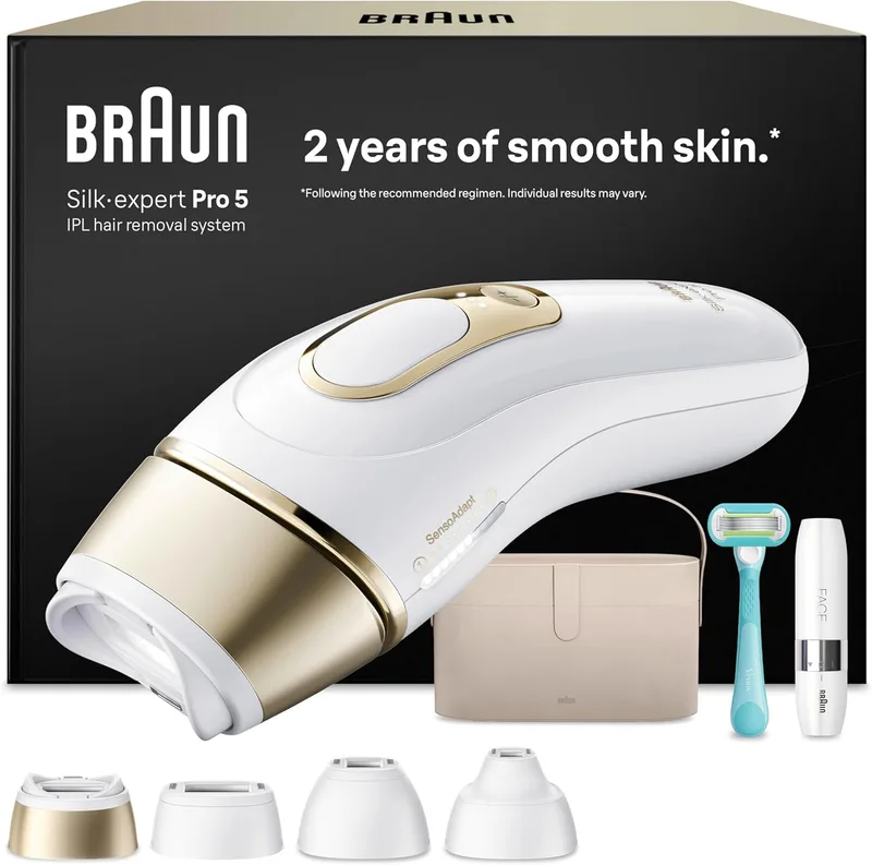 Braun ▫️ Pulsed Light Silk-expert Pro 5, PL5442, Branco/Dourado - IPL, depilação a laser doméstica para rosto e corpo, depilador a laser com 4 cabeças, estojo, mini máquina de barbear facial e lâmina de barbear Venus