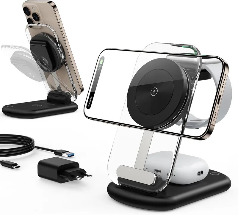 Mukiya ▫️ Estação de carregamento indutiva, estação de carregamento MagSafe 3 em 1 compatível com iPhone 17, 16, 15, 14, 13, 12 Pro MAX/Air/Plus/Pro, para Apple Watch 10/9, AirPods 3/2/Pro, dobrável, preto carvão