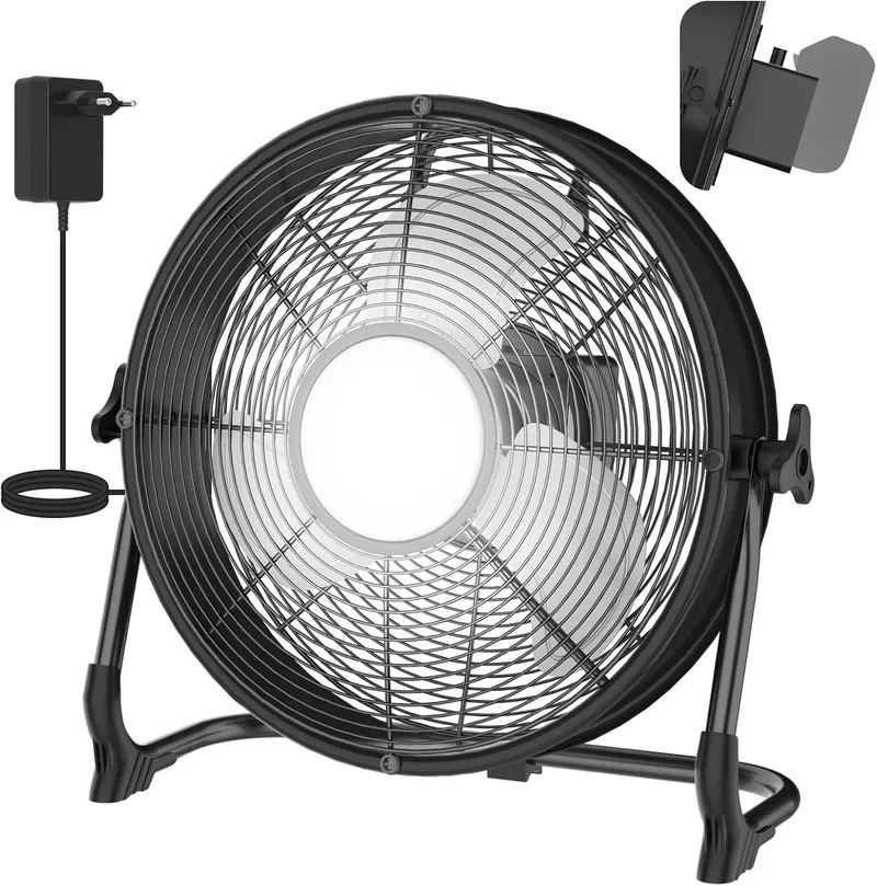 T-SUN ▫️ 30CM Ventilador de chão industrial compatível com bateria Makita/adaptador CA. Ventilador de pé portátil com luz LED de 1000 lm e regulação contínua da velocidade, ideal para acampamento (sem bateria)