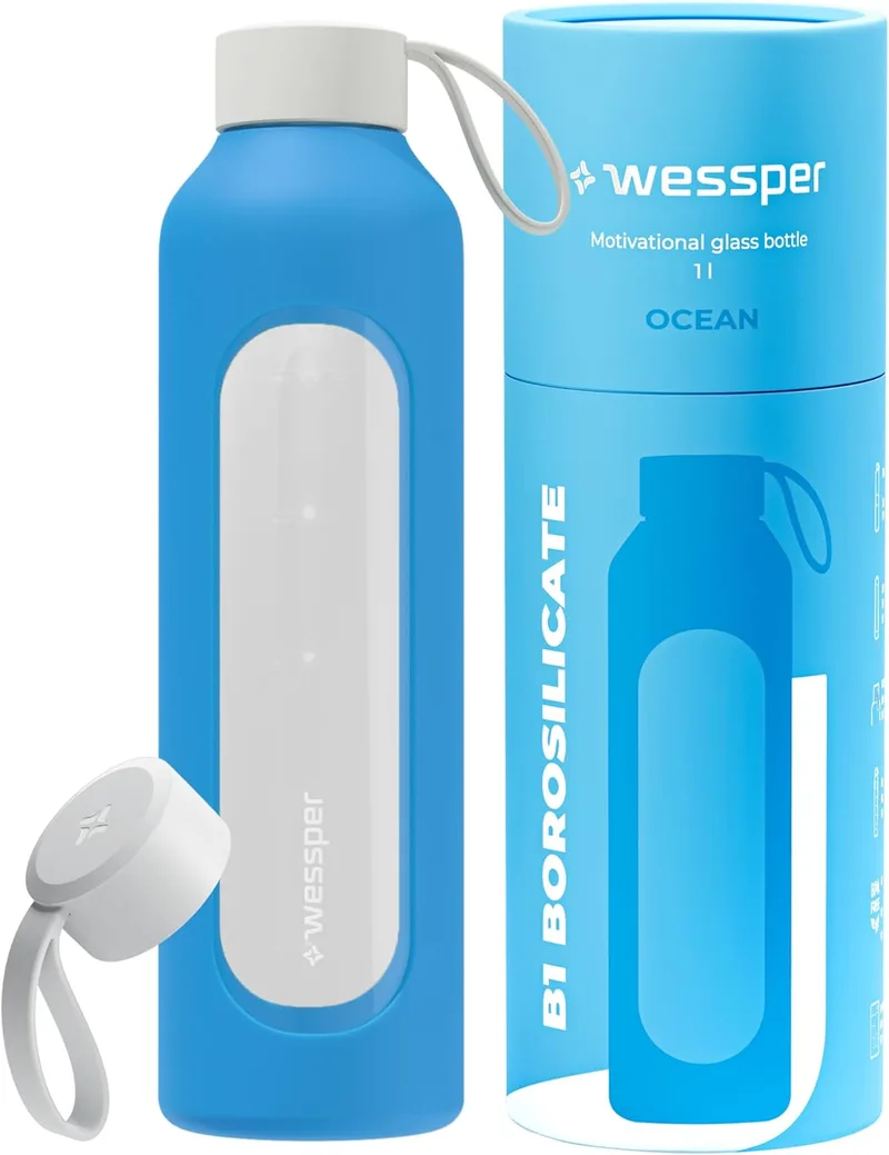 Wessper ▫️ Garrafa de Água de Cristal, Garrafa Motivacional de 1 Litro com Escala de Hidratação, Garrafas de Vidro de Borossilicato com Capa de Silicone, Material Seguro sem BPA - Oceânico