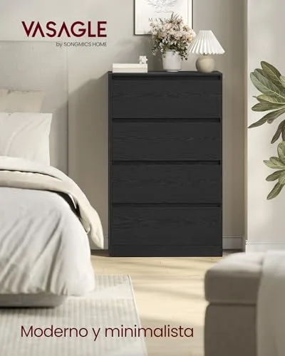 VASAGLE ▫️ Coleção Kailyn - Cómoda com 4 gavetas para quarto, armário de arrumação, móvel para roupa, 40 x 60 x 97,4 cm, estilo moderno, preto ébano LTS614BE05 2