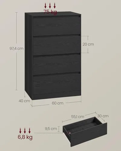 VASAGLE ▫️ Coleção Kailyn - Cómoda com 4 gavetas para quarto, armário de arrumação, móvel para roupa, 40 x 60 x 97,4 cm, estilo moderno, preto ébano LTS614BE05 3
