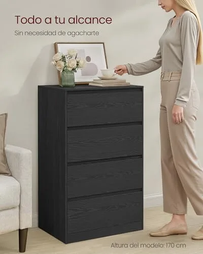 VASAGLE ▫️ Coleção Kailyn - Cómoda com 4 gavetas para quarto, armário de arrumação, móvel para roupa, 40 x 60 x 97,4 cm, estilo moderno, preto ébano LTS614BE05 5