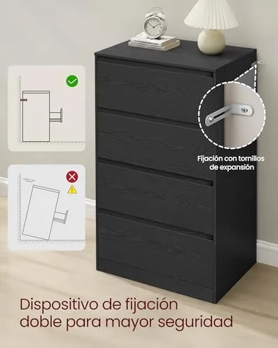 VASAGLE ▫️ Coleção Kailyn - Cómoda com 4 gavetas para quarto, armário de arrumação, móvel para roupa, 40 x 60 x 97,4 cm, estilo moderno, preto ébano LTS614BE05 6