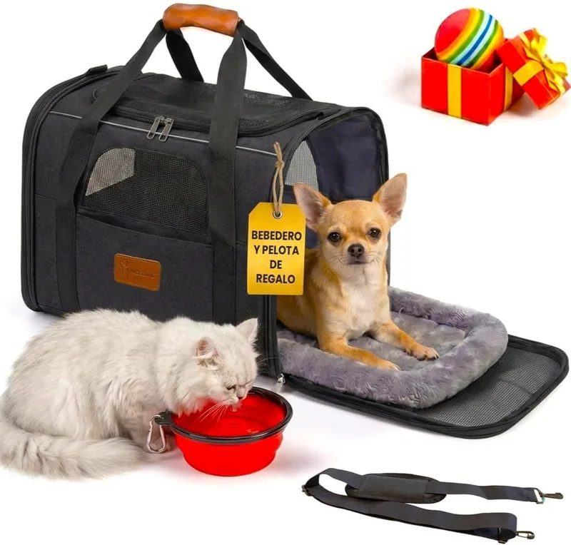 NICEOWL ▫️ Caixa de transporte dobrável e reforçada para cães e gatos com cama, bebedouro e brinquedo como presente | Transporte confortável e seguro para gatos | Saco de transporte portátil com ventilação de 360º