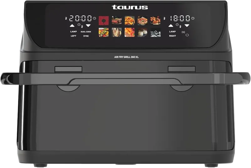 Taurus ▫️ Air Fryer Grill 360 XL, fritadeira, sem óleo, 10L, 2800W, ecrã tátil, 10 programas, cesto divisível, temporizador 60 min, temperatura 60-200 ºC, cozedura simultânea
