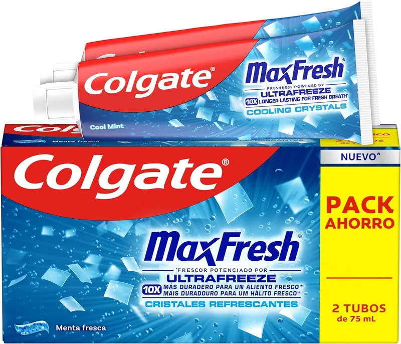 Colgate ▫️ Max Fresh Toothpaste Cristais Refrescantes 2x75ml, Frescura reforçada por UltraFreeze, 10x mais duradoura, Sensação de frescura instantânea e duradoura