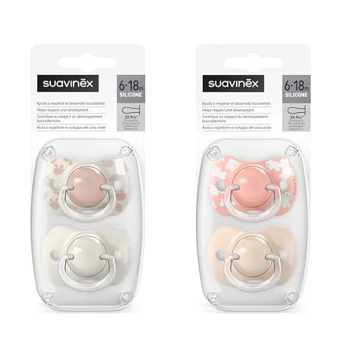 SUAVINEX ▫️ Conjunto de 4 chupetas para bebés dos 6 aos 18 meses, com tetina fisiológica de silicone SX Pro simétrica, plana e flexível, que respeita o desenvolvimento bucodental, com os motivos Birdies e Wild&Free, cor-de-rosa 5