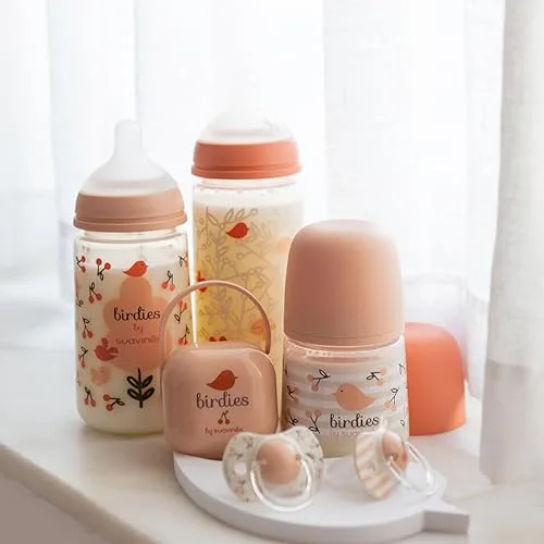 SUAVINEX ▫️ Conjunto de 4 chupetas para bebés dos 6 aos 18 meses, com tetina fisiológica de silicone SX Pro simétrica, plana e flexível, que respeita o desenvolvimento bucodental, com os motivos Birdies e Wild&Free, cor-de-rosa 6