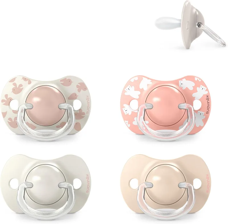 SUAVINEX ▫️ Conjunto de 4 chupetas para bebés dos 6 aos 18 meses, com tetina fisiológica de silicone SX Pro simétrica, plana e flexível, que respeita o desenvolvimento bucodental, com os motivos Birdies e Wild&Free, cor-de-rosa