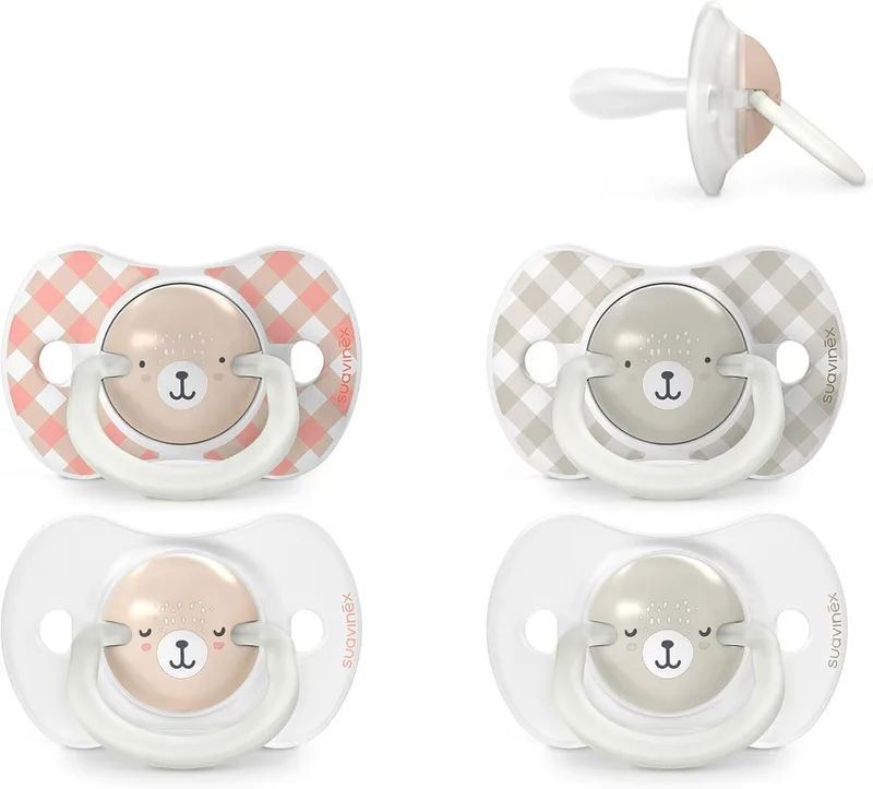SUAVINEX ▫️ Conjunto de 4 chupetas que brilham no escuro, para bebés de 6/18 meses, para dormir, com anel fluorescente e tetina de silicone Physiological SX Pro, plana e flexível, cor-de-rosa