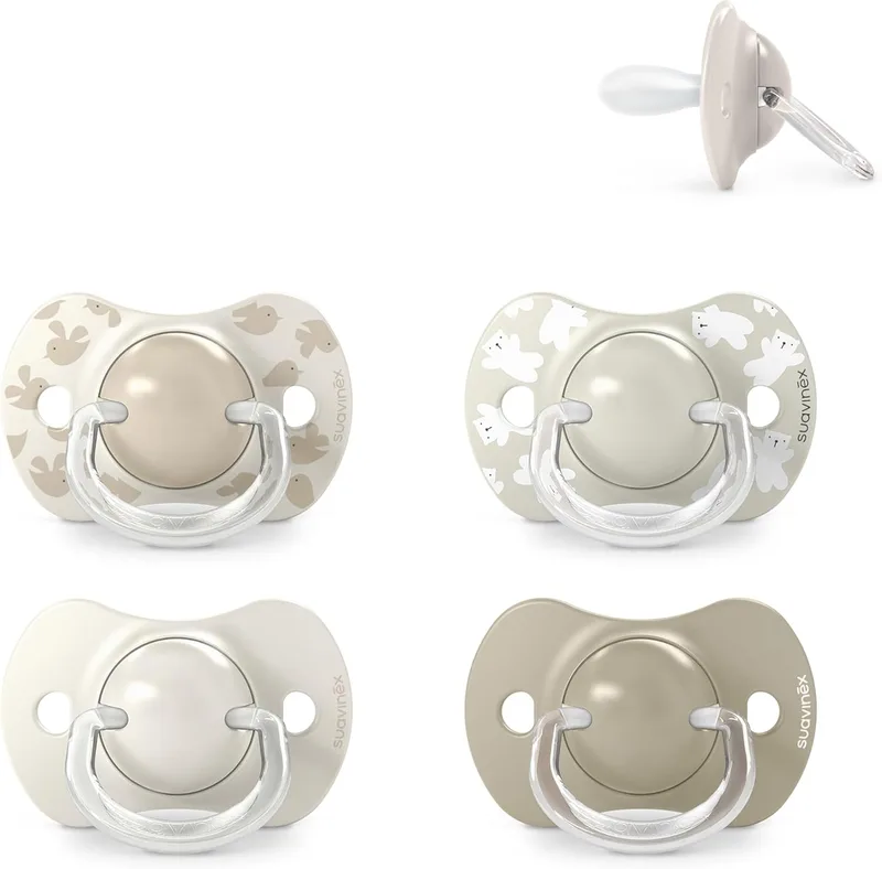 SUAVINEX ▫️ Conjunto de 4 chupetas para bebés dos 6 aos 18 meses, com tetina fisiológica de silicone SX Pro simétrica, plana e flexível, que respeita o desenvolvimento bucodental, com os motivos Birdies e Wild&Free, bege